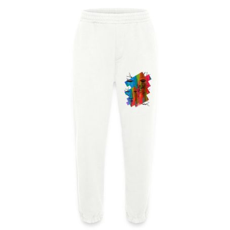 Weiße Sweatpants mit buntem, grafischem Print auf der linken Oberschenkelseite.