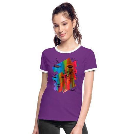 Lila T-Shirt mit buntem, künstlerischem Design und stilisierten Figuren.