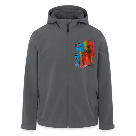 Graue Jacke mit buntem grafischen Design auf der linken Brustseite.