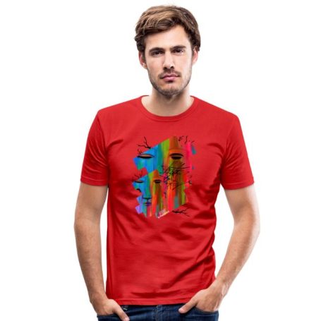 Roter T-Shirt mit buntem grafischem Druck auf der Vorderseite, getragen von einem Mann.