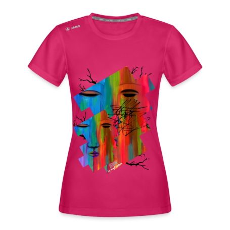 Rosa T-Shirt mit abstraktem, farbenfrohem Grafiken und Gesichtern.